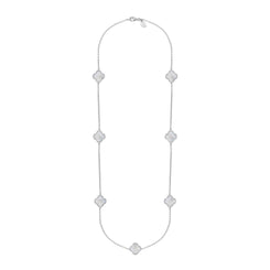 Sterling Silver WHITE MOP Bloom Four Leaf Clover Ball Edge Long Necklace, N1040