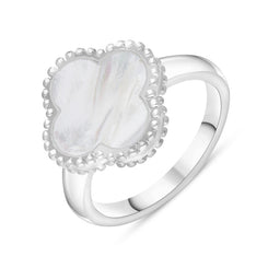 Sterling Silver WHITE MOP Bloom Four Leaf Clover Ball Edge Ring, R1264