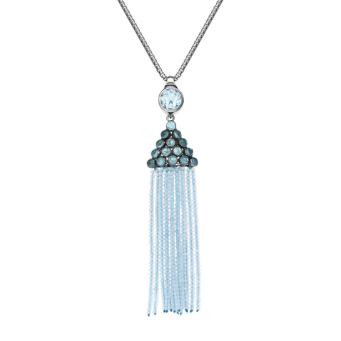 Sterling Silver Black Rhodium Blue Topaz Round Cascade Tassel Necklace PUNQ0005477