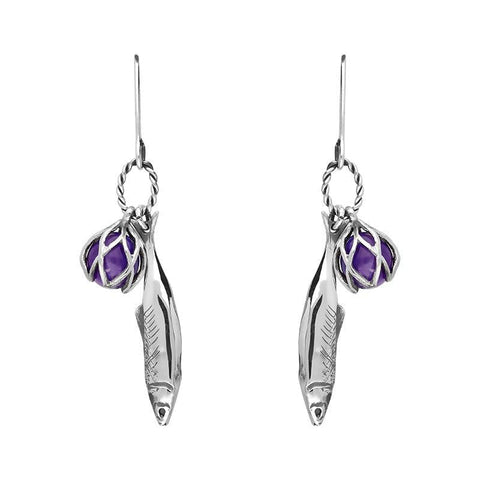 Sterling Silver Emma Stothard Silver Darling Amethyst Float Charm Hook Earrings, E2582.