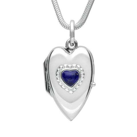 Sterling Silver Lapis Lazuli Beaded Edge Heart Locket Necklace. P2104.