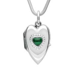 Sterling Silver Malachite Beaded Edge Heart Locket Necklace. P2104.