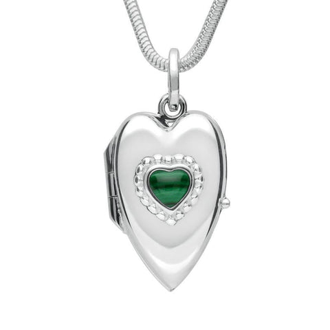 Sterling Silver Malachite Beaded Edge Heart Locket Necklace. P2104.