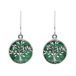 Sterling Silver Malachite Round Large Tree of Life Leaves Drop Earrings, E2427