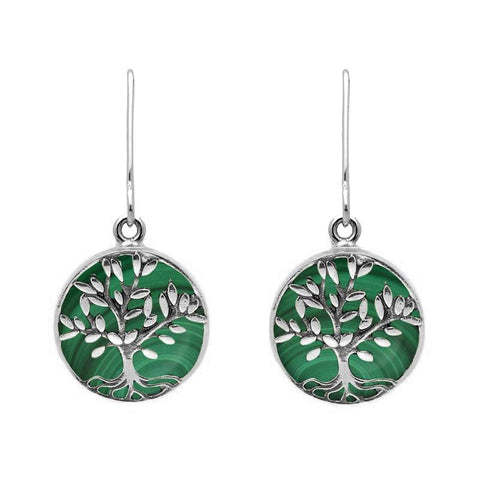 Sterling Silver Malachite Round Large Tree of Life Leaves Drop Earrings, E2427