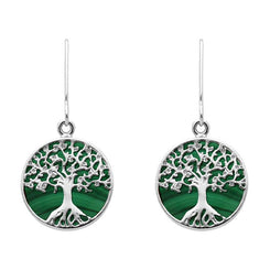 Sterling Silver Malachite Round Tree of Life Drop Earrings, E2429.