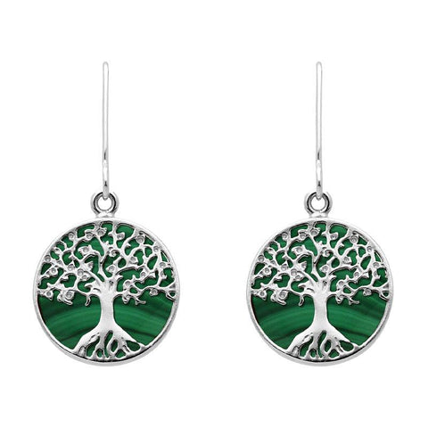 Sterling Silver Malachite Round Tree of Life Drop Earrings, E2429.