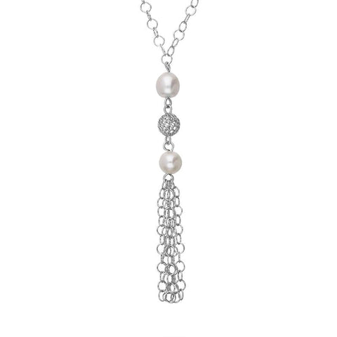 Sterling Silver Pearl Double Stone Tassel Drop Necklace N823