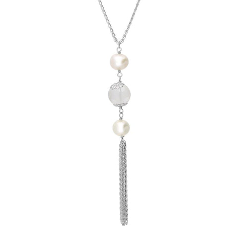 Sterling Silver Pearl Triple Stone Tassel Drop Necklace N825