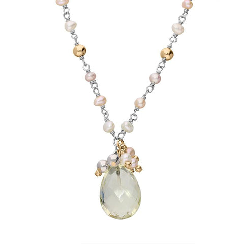 Sterling Silver Rose Gold Plated Oval Quartz Beaded Drop Necklace N824