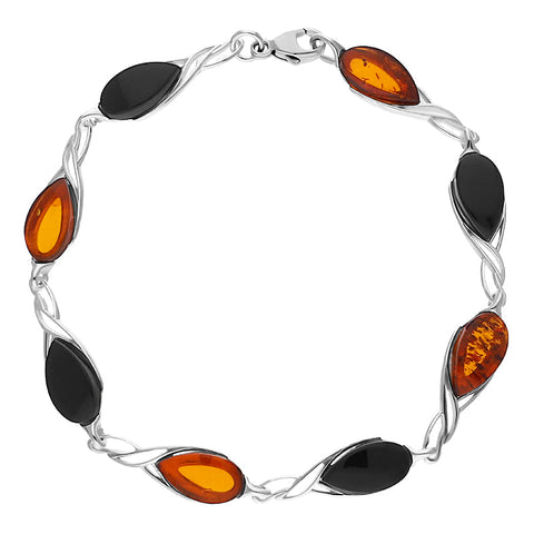 Sterling Silver Whitby Jet Amber Celtic Eight Stone Pear Bracelet, B1004.