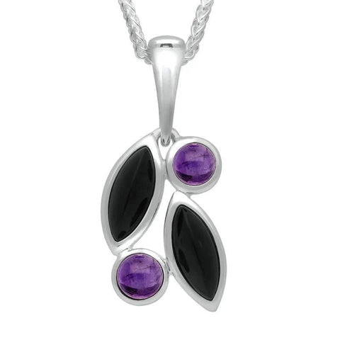 Sterling Silver Whitby Jet Amethyst Four Stone Leaf Necklace, P2357.