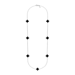 Sterling Silver Whitby Jet Bloom Four Leaf Clover Long Necklace, N1129.