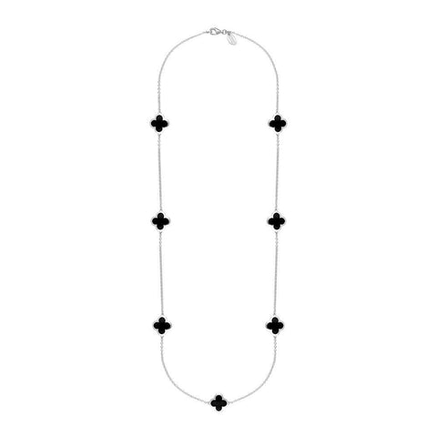 Sterling Silver Whitby Jet Bloom Four Leaf Clover Long Necklace, N1129.