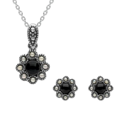 Sterling Silver Whitby Jet Pearl Round Bead Edge Two Piece Set