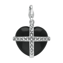 Sterling Silver Whitby Jet One Marcasite Large Cross Heart Charm, G785.