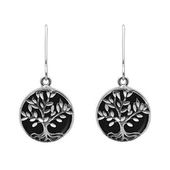 Sterling Silver Whitby Jet Round Large Tree of Life Leaves Drop Earrings, E2427