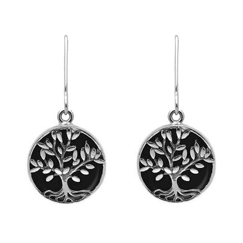 Sterling Silver Whitby Jet Round Large Tree of Life Leaves Drop Earrings, E2427
