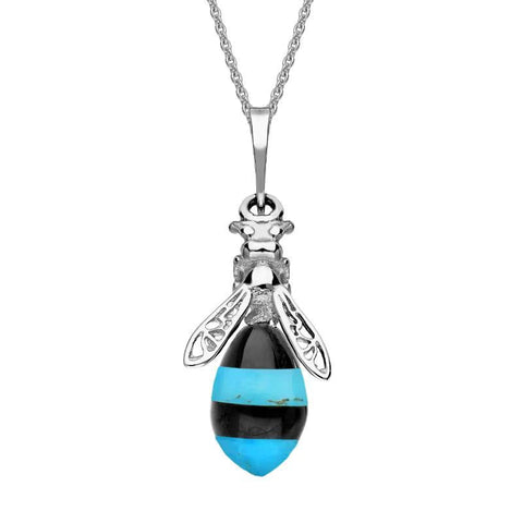 Sterling Silver Whitby Jet Turquoise Bee Drop Necklace, P3143.