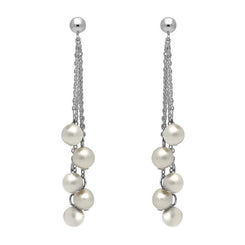 Sterling Silver White Pearl Beaded Tassel Drop Earrings. E1551.