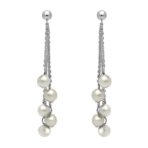 Sterling Silver White Pearl Beaded Tassel Drop Earrings. E1551.