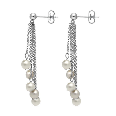 Sterling Silver White Pearl Beaded Tassel Drop Earrings. E1551.