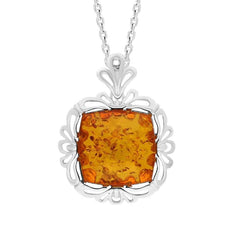 Sterling Silver Amber Ornate Edged Necklace, P2847.