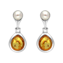 Sterling Silver Amber Pearl Drop Earrings, E1892.