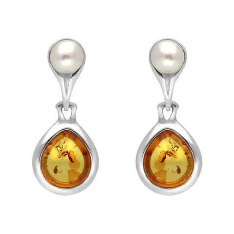 Sterling Silver Amber Pearl Drop Earrings, E1892.