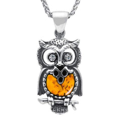Sterling Silver Amber Small Owl Necklace P2321