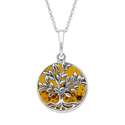 Sterling Silver Amber Small Round Large Leaves Tree of Life Necklace P3340