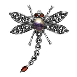 Sterling Silver Blue John Marcasite Garnet House Style Dragonfly Brooch. M329.