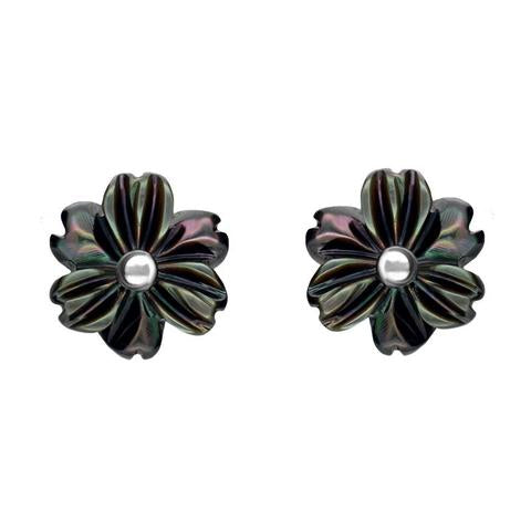 Sterling Silver Dark Mother of Pearl Tuberose Dahlia Stud Earrings, E2155.