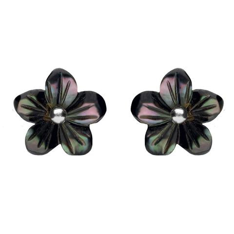 Sterling Silver Dark Mother of Pearl Tuberose Pansy Stud Earrings, E2153.