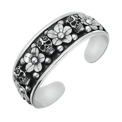 Sterling Silver Day Of The Dead Skull Flowers Cuff Bangle B1147