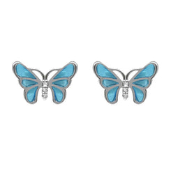 Sterling Silver White Sapphire Blue Enamel House Style Butterfly Stud Earrings E2216