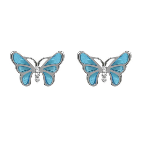 Sterling Silver White Sapphire Blue Enamel House Style Butterfly Stud Earrings E2216