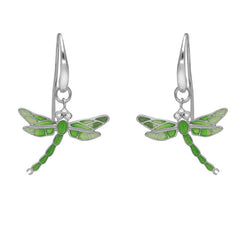 Sterling Silver Diamond Green Enamel House Style Dragonfly Drop Earrings E2224