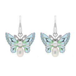 Sterling Silver Diamond Pearl Enamel House Style Butterfly Drop Earrings. E2223.