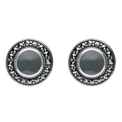 Sterling Silver Hematite Marcasite Round Beaded Edge Stud Earrings E1633