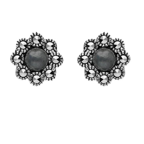 Sterling Silver Hematite Marcasite Round Edge Bead Stud Earrings E1635