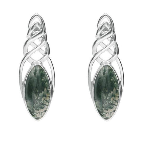 Sterling Silver Moss Agate Celtic Long Marquise Stud Earrings, E994 .jpg