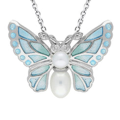 Sterling Silver Pearl Diamond Enamel House Style Butterfly Necklace. P2952C.