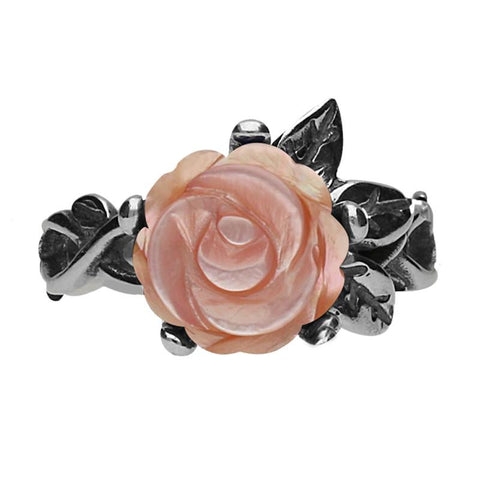 Sterling Silver Pink Mother of Pearl Tuberose Rose Leaf Twist Ring, R728.