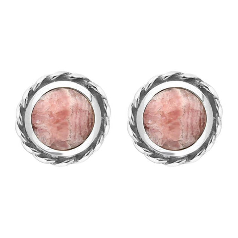 Sterling Silver Rhodochrosite Round Twist Edge Stud Earrings E134