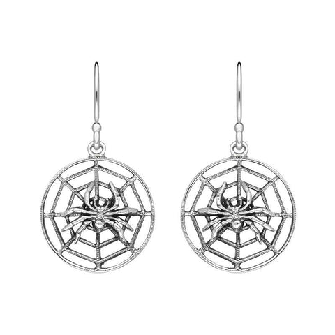 Sterling Silver Spider In Web Hook Drop Earrings