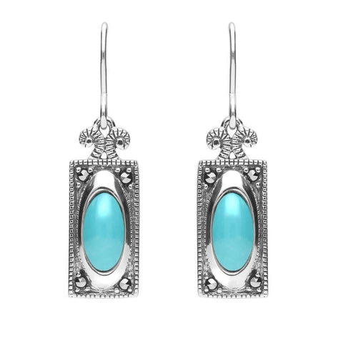Sterling Silver Turquoise Marcasite Oval Oblong Drop Hook Earrings. E2305.