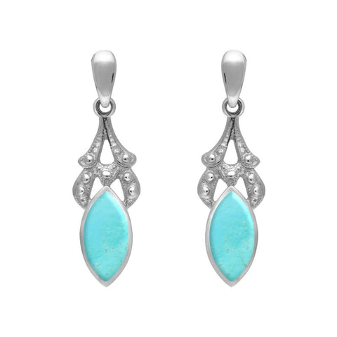 Sterling Silver Turquoise Marquise Drop Earrings. E075.