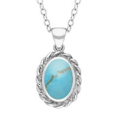 Sterling Silver Turquoise Oval Rope Frame Necklace. P446.