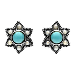 Sterling Silver Turquoise Pearl 6 Point Star Stud Earrings. E1638.